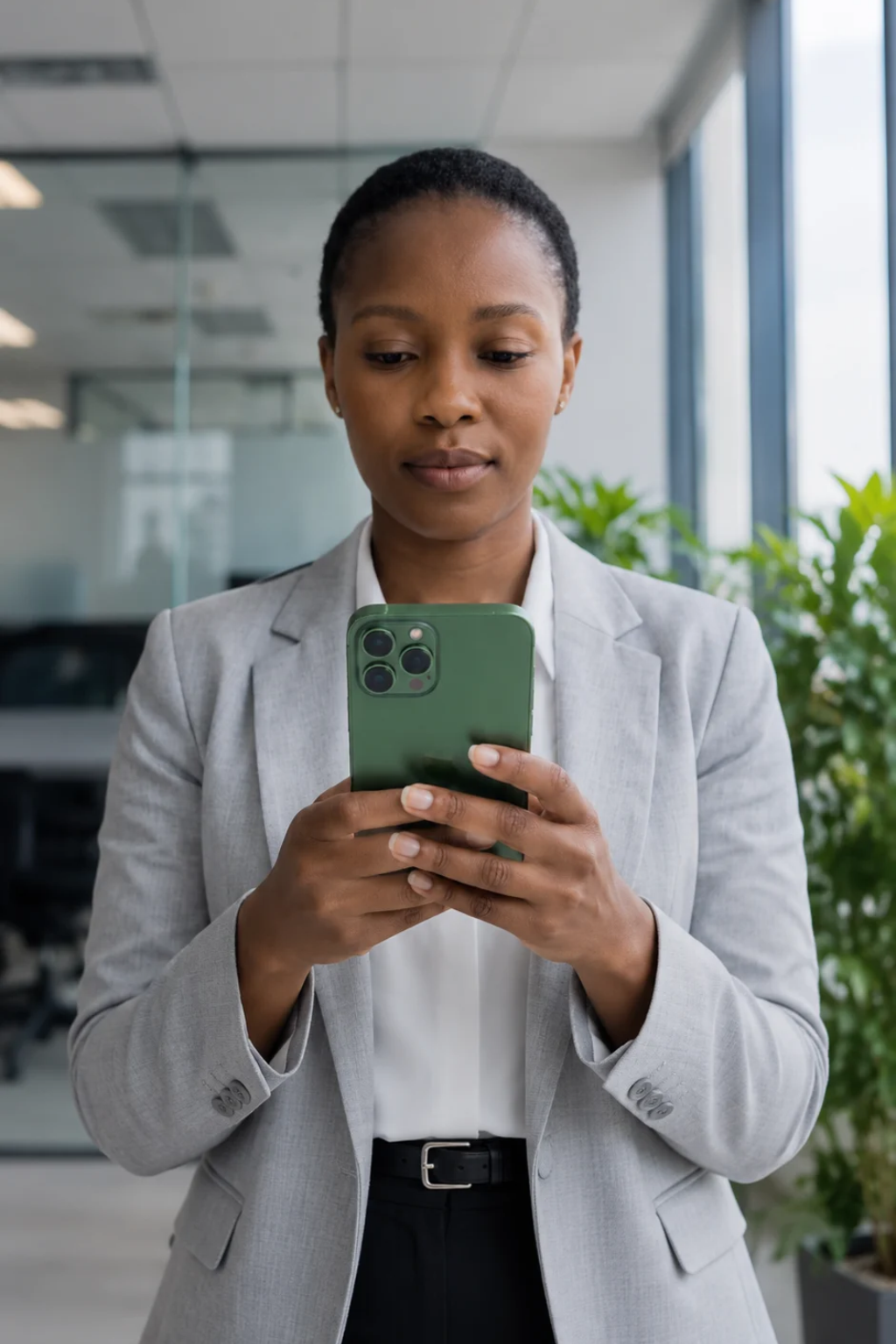 Smiling woman on call